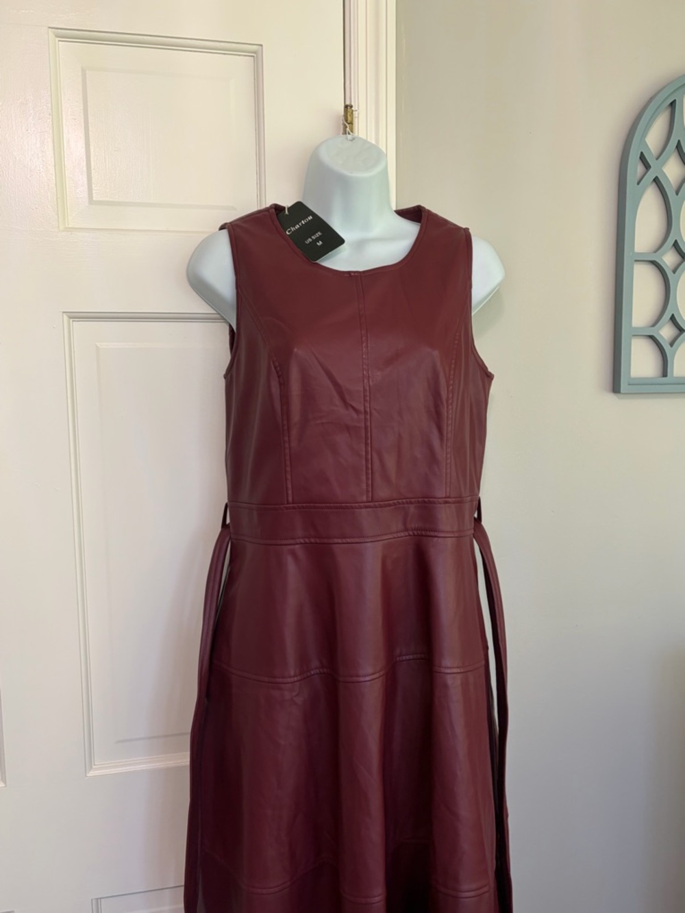 Sleeveless Faux Leather Midi Dress in Burgundy with Self-Tie Waist - Picture 3 of 6